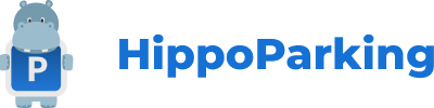 Логотип: бегемот держит знак парковки, надпись Hippo Parking.